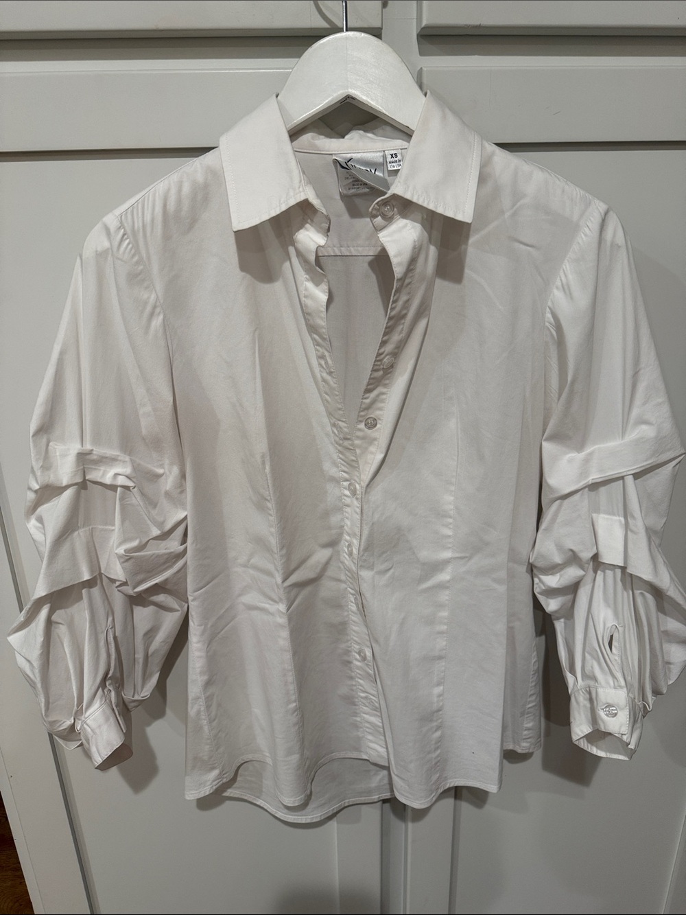 Finley White Button-Down Blouse with Ruched Balloon Sleeves